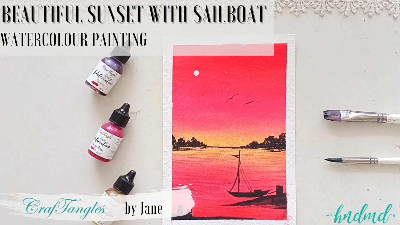 Beautiful Sunset With Sailboat Watercolour Painting