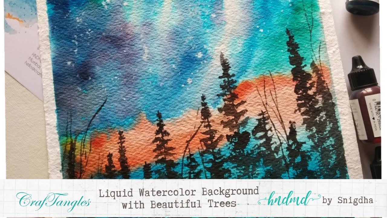 Liquid Watercolor Background with Beautiful Trees