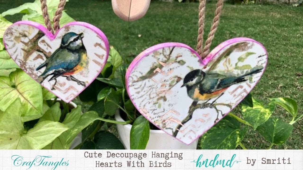 Cute Decoupage Hanging Hearts With Birds