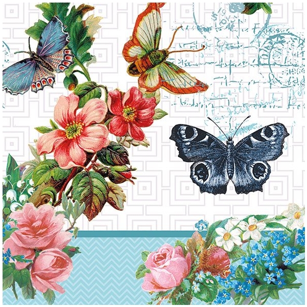 A pack of 12 by 12 inch German Decoupage Napkins (5 pcs) - Flower and Butterflies