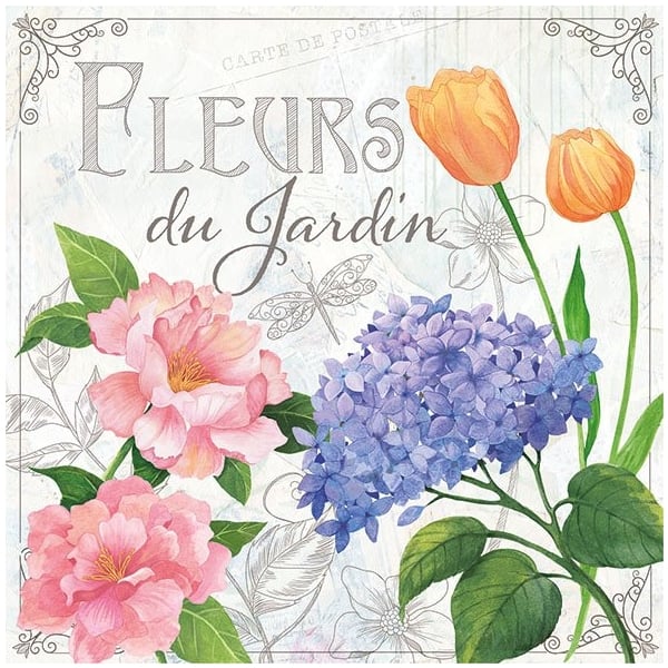 A pack of 12 by 12 inch German Decoupage Napkins (5 pcs) - Fleurs du Jardin
