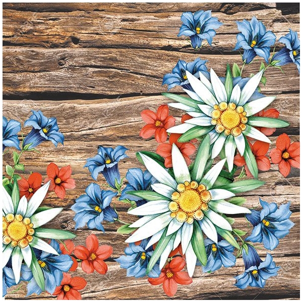 A pack of 12 by 12 inch German Decoupage Napkins (5 pcs) - Alpen Blumen