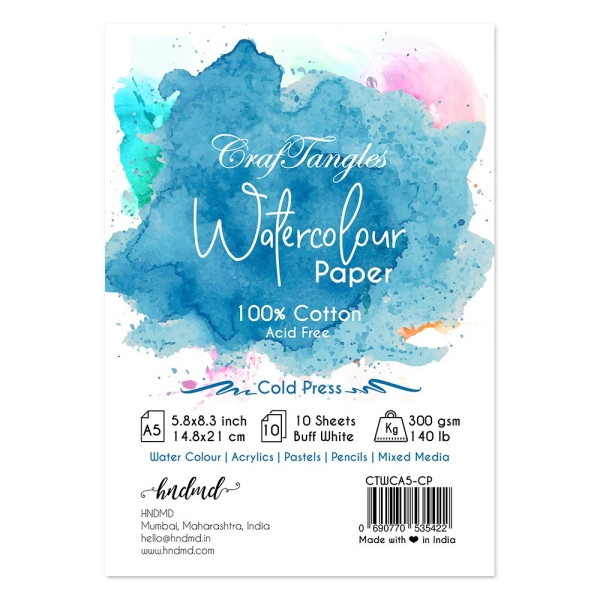 CrafTangles 100% cotton cold press 300 gsm Watercolor Paper (Pack of 10 sheets) - A5