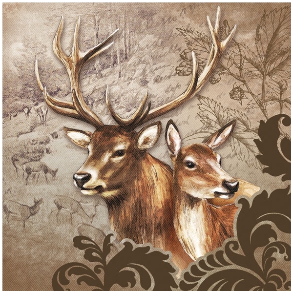 A pack of 12 by 12 inch German Decoupage Napkins ( 5 pcs ) - Deer Couple Brown