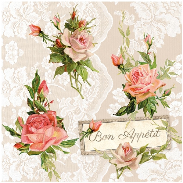 German Decoupage Napkins (5 pcs) - Roses on Lace