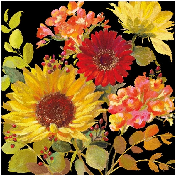 German Decoupage Napkins (5 pcs) - Sunny Flowers Black