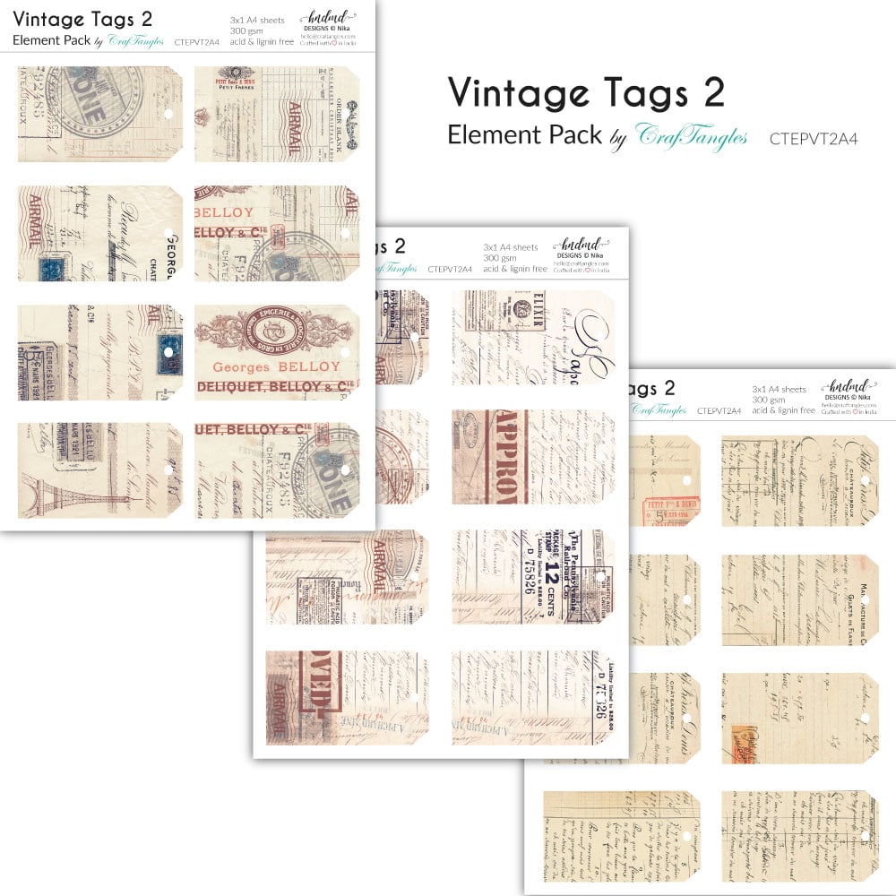 CrafTangles Elements Pack - Vintage Tags 2 (3 sheets of A4) 48 Vintage Tags 2 Elements Pack CrafTangles Elements Pack - Vintage Tags 2 (3 sheets of A4)