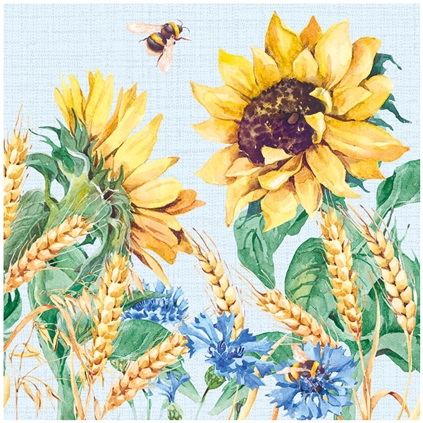 A pack of 12 by 12 inch German Decoupage Napkins (5 pcs) - Sunflower and Wheat Blue