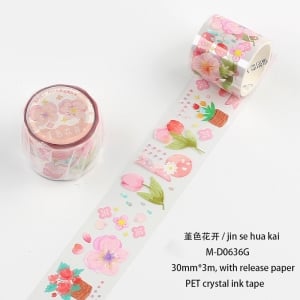 Clear PET Sticker Roll - Pink Flowers (30mm by 3 metres)