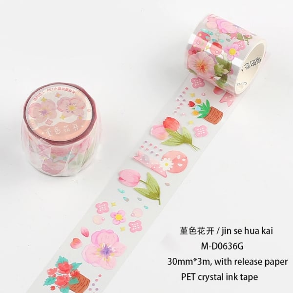 Clear PET Sticker Roll - Pink Flowers (30mm by 3 metres)