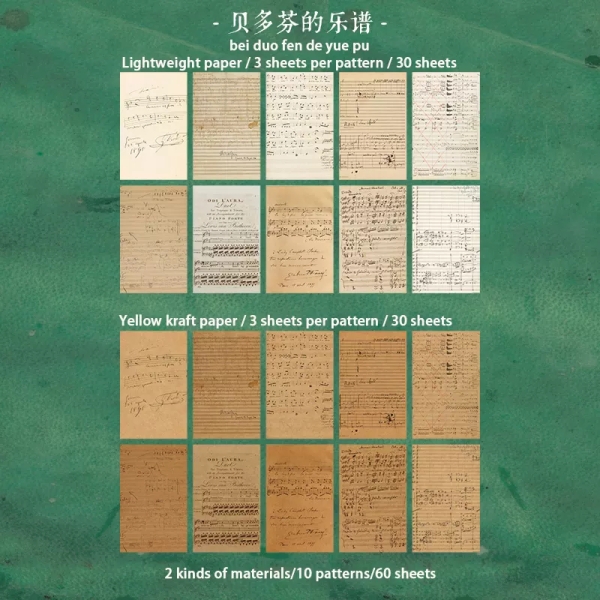Vintage Journalling Pattern Papers (60 sheets) - Beethoven's Score