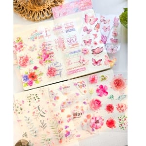 Journal Ephemera Clear PET Sticker Pack (6 sheets) – Pink Cloud Green Leaves (HDLY)