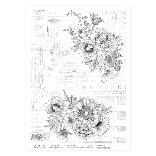 CrafTangles Decoupage Napkin / Tissue / Collage Paper - Floral Sketches 1