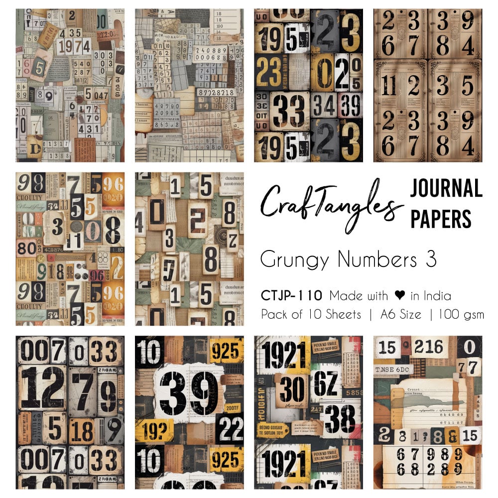 CrafTangles Journal Papers (A6 pack of 10 sheets) - Grungy Numbers 3 (100 gsm) CTJP 110 Grungy Numbers 3 Craftangles journal paper CrafTangles Journal Papers (A6 pack of 10 sheets) - Grungy Numbers 3 (100 gsm)